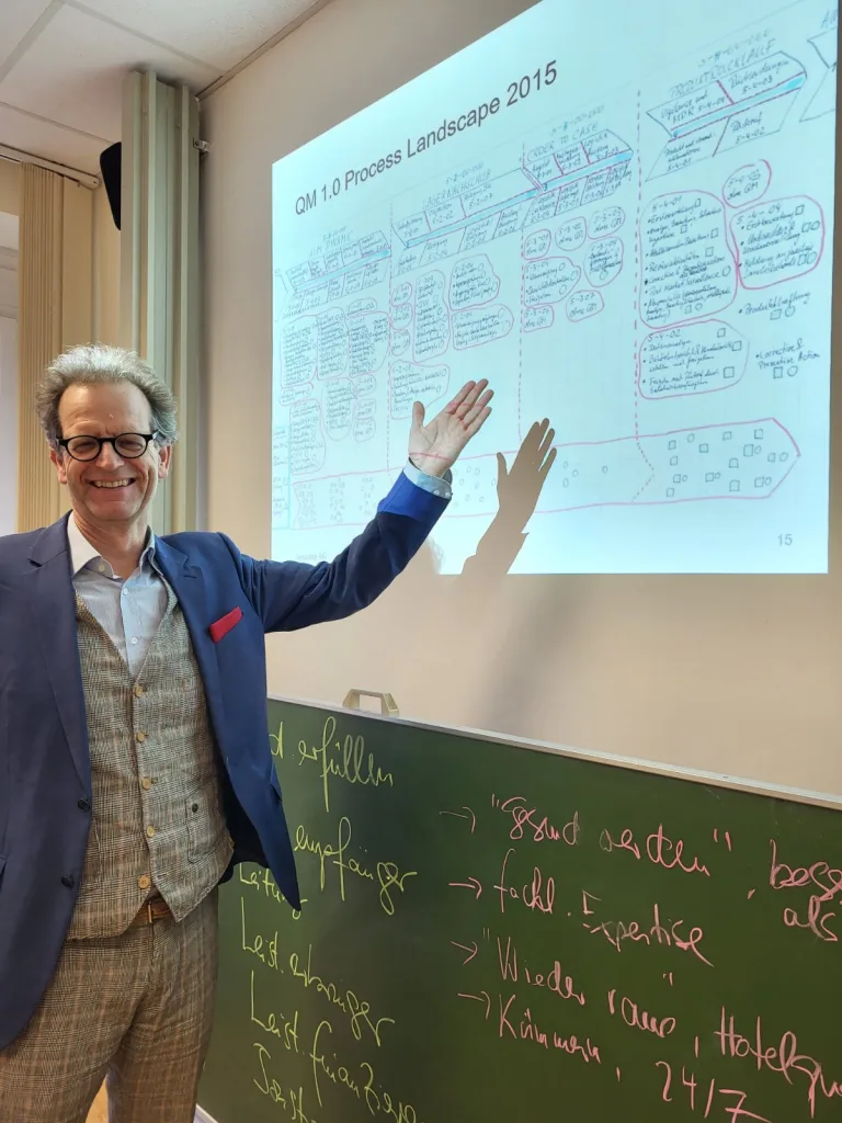 Dozent zeigt lachend auf eine Prozesslandkarte an der Projektionsfläche